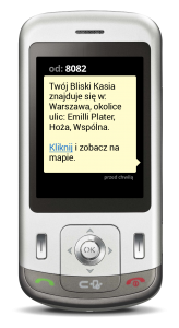 zdjęcie telefonu komórkowego, na którym widoczny jest SMS z informacją o miejscu pobytu bliskiej osoby w usłudze Gdzie Jest Dziecko