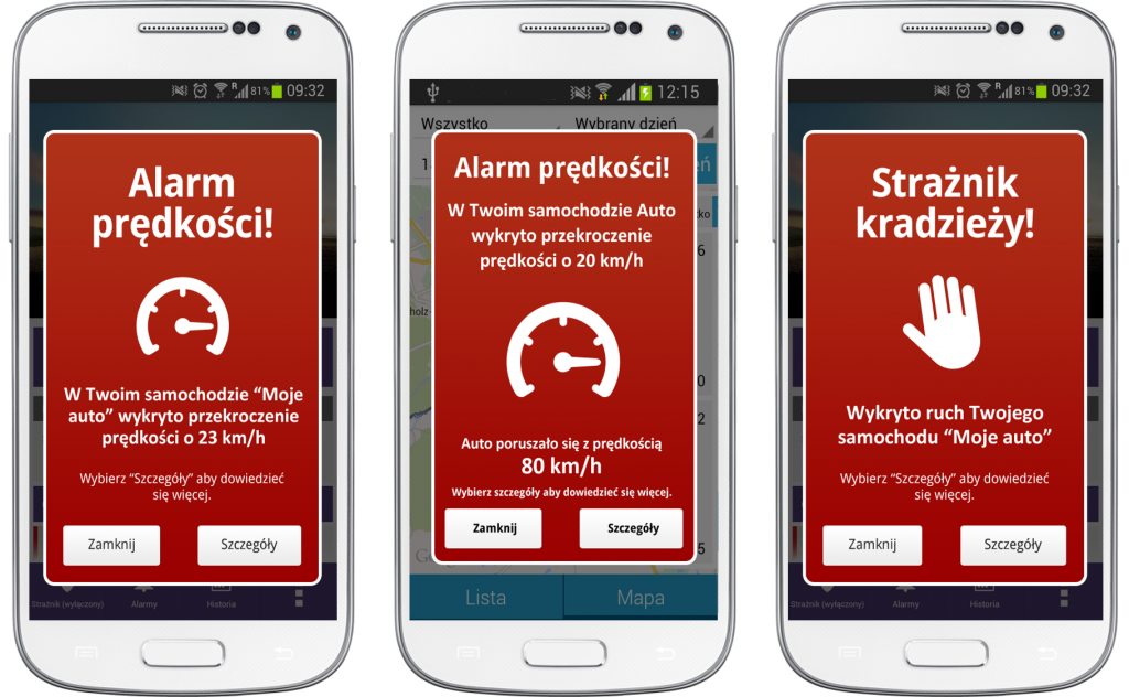 Alerty w aplikacji Gdzie Jest Auto, czyli widok trzech białych telefonów komórkowych, na których widoczne są screeny z czerwonymi alertami takimi jak Alarm Prędkości i Strażnik Kradzieży