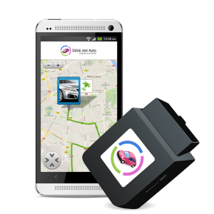 Telefon komórkowy z widokiem z aplikacji Gdzie Jest Auto, z mapą i zaznaczoną trasą przejazdu auta oraz lokalizator GPS od Bezpiecznej Rodziny BA.02