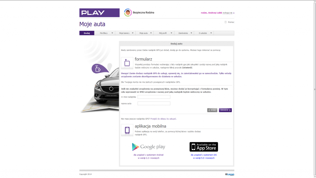 Screen ze strony Play, na którym jest formularz dodawania auta w aplikacji od Bezpiecznej Rodziny